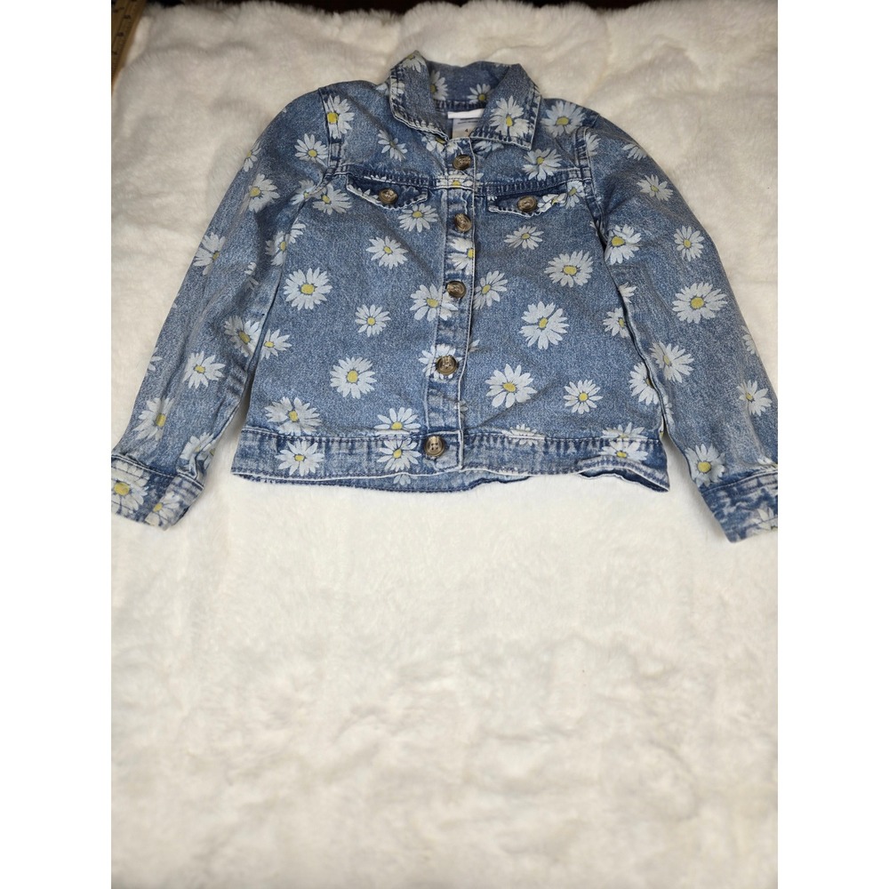 Little Lass Girls Size 4 Blue Daisy Floral Print Denim Trucker Jacket Cotton